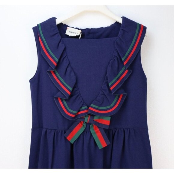 NWT Gucci kids ruffled dress with bow navy blue red green size 10 - Picture 3 of 12